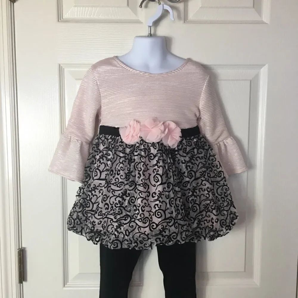 LITTLE LASS Floral Velvet Dress & velvet leggings